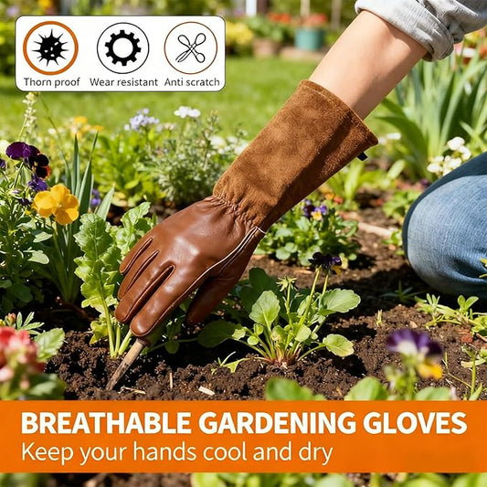 Leather Long Gardening Gloves for Men and Women, Rose Pruning and Cactus Thorn Proof Gloves, Cowhide Yard Work Gloves (Brown Medium)