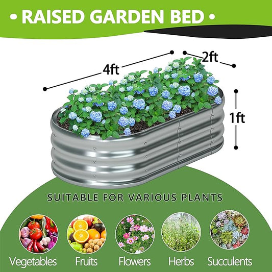 Foxlang 4x2x1ft(2 Pack) Galvanized Oval Raised Garden Bed,Outdoor Planter Box Metal Patio Kit Planting Bed for Vegetables Flowers Herb,Silver