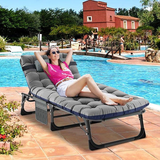 DoCred Folding Lounge Chair with Mattress, 5 Position Adjustable Folding Sleeping Bed Cot Chaise Lounge Chairs Perfect for Sunbathing, Camping, Pool, Beach, Patio