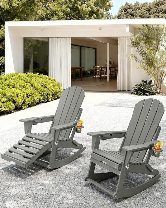 Adirondack Rocking Chairs Set of 6 with Retractable Ottoman, All Weather Folding Adirondack Chair with Two Cup Holders, Adirondack Outdoor Rocking Chairs for Porch, Patio, Balcony. White Grey