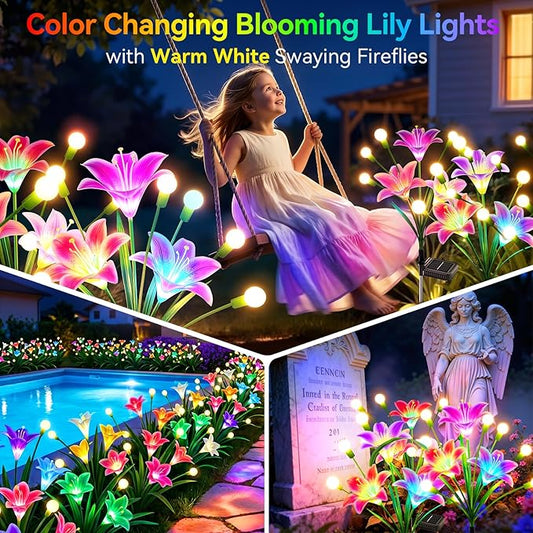 WdtPro Upgraded Solar Lights Outdoor Garden Decor: 4 Pack Solar Firefly Swaying Light with Color Changing LED Lily, Waterproof Decorative Flowers for Yard Patio Pathway Lawn, Gardening Gifts for Women