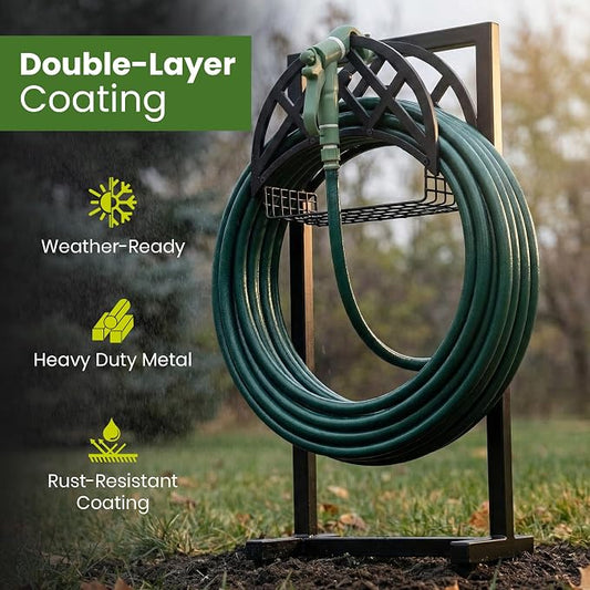 Oriva Garden Hose Holder Stand, Freestanding Water Hose Holder for Outside, Heavy Duty Rust-Resistant Metal Hose Hanger w/ 4-Spike Base, Holds upto 160ft, Outdoor Hose Storage for Yard, Lawn & Garden