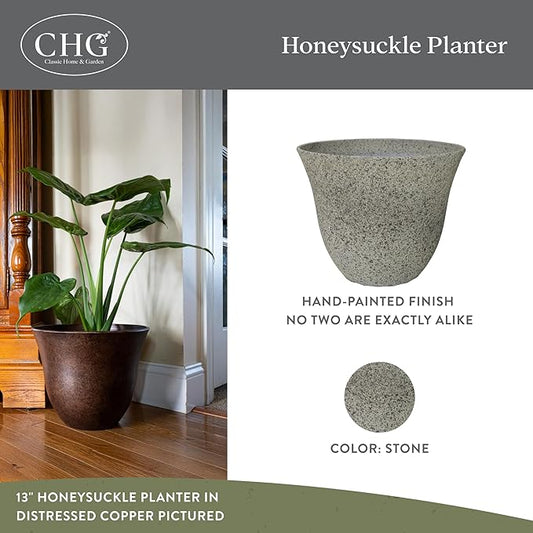 Classic Home and Garden Honeysuckle Resin Planters - Lightweight Indoor & Outdoor Plant Pots - UV-Resistant Plastic Flower Pots - Pot Planters for Flowers & Herbs (13" Stone)