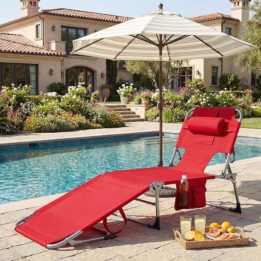 GYMAX Tanning Chair with Face Hole, Sun Bathing Lounge Chairs for Outside with Side Pocket, Folding Portable Face Down Layout Tanning Chair Beach, Backyard, Poolside, Lawn (Red,2)
