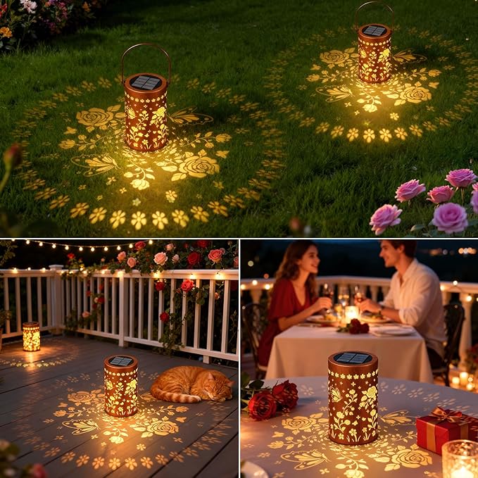 Butterfly Rose Solar Lanterns Outdoor: 2 Pack Hanging Metal LED Garden Lights Waterproof for Yard Patio Backyard - Birthday Christmas Gifts for Women Mom Grandma