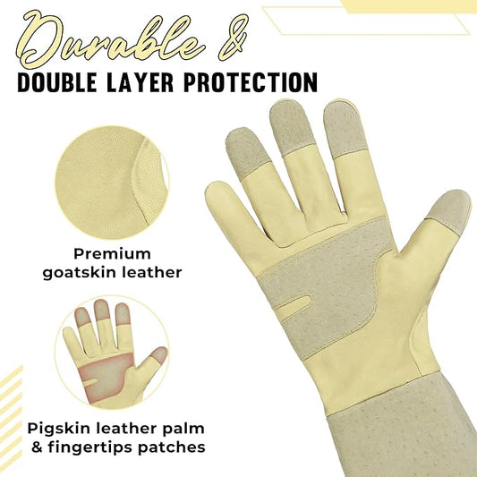 HANDLANDY Rose Pruning Gardening Gloves for Men Women, Thorn Proof Forearm Protection Leather Garden Gloves, Gardening Gifts for Gardeners (Beige- goatskin, Large (Pack of 1))