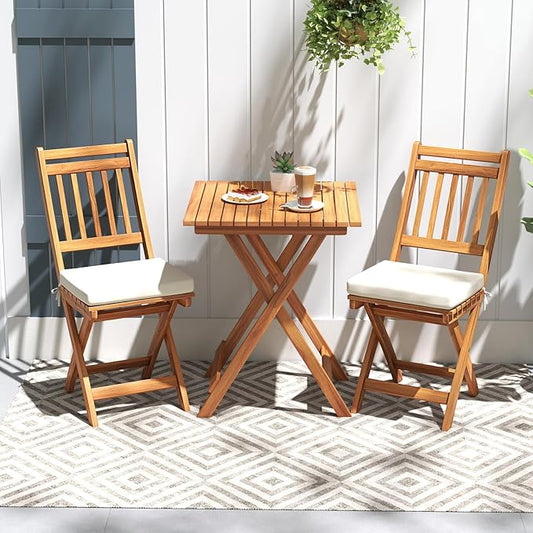 Tangkula Acacia Wood Patio Bistro Set of 3, Outdoor Folding Chair Table Set with Soft Seat Cushions, High Back Armless Chairs with Table, Patio Cushioned Dining Set for Backyard, Poolside (Off White)