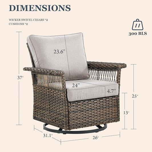 Patio Furniture Set 2 Wicker Swivel Glider Chairs 2 PE Rattan Ottomans with Patio Side Table Brown Wicker Beige Cushions Patio Conversation Set 5pcs for Garden Backyard