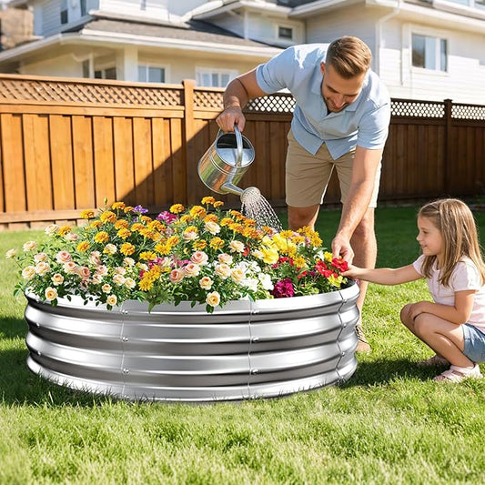 12 Inch Tall Heavy-Duty Round Steel Rised Garden Bed – Wave-Shaped Design Galvanized Metal Planter Box for Vegetables Flowers Succulent at Patio/Garden Outdoor (Silver, 48" Diameter)