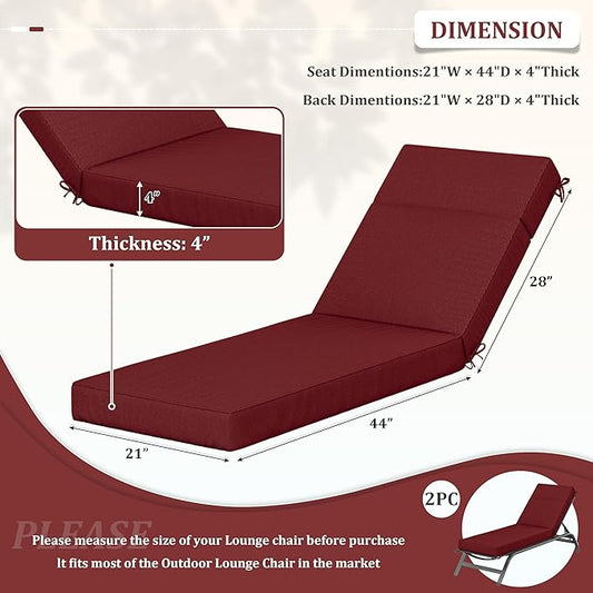 2 Pcs Chaise Lounge Cushions Outdoor, 72" L X 21" W X 4" D Lounge Chair Cushions for Outdoor Furniture, High-Density Foam Patio Chaise Cushion-Waterproof Fade-Resistant ThickPatio lounge chair cushion