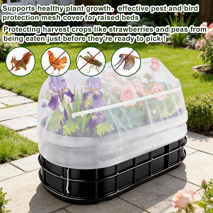 2 Pack Garden Netting for Raised Beds, Fine Mesh Bird Netting Barrier Screen with Zipper Drawstring Garden Bed Plant Cover for Protect Vegetable Fruits Crop from Animals Pest Insect, 2.3×2.3×2Ft
