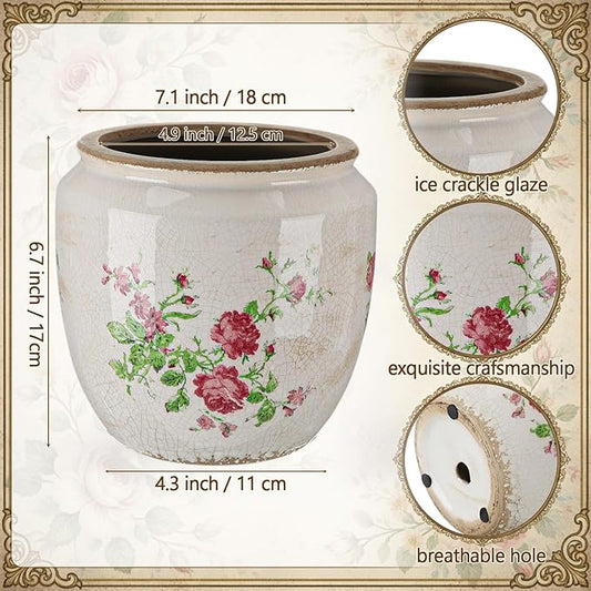 LemonRoad 7 Inch Large Vintage Ceramic Planter with Drainage Holes Ice Crackle Flower Vase Flower Pot with Vintage Rose Pattern for Indoor Outdoor Plants Garden Home Kitchen Office Shelf Decor