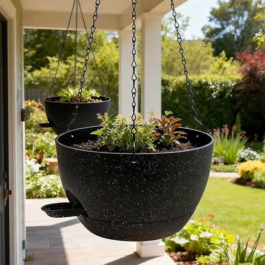 WOUSIWER Self Watering Hanging Planters, 2 Pack 10'' Plastic Pots with Drainage Holes & Reservoir Tray (Speckled Black) | Indoor & Outdoor Use for Ferns, Ivy, Herbs, Succulents