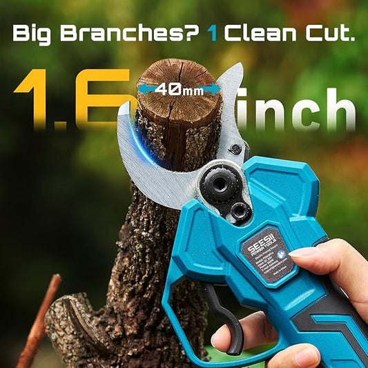 SEESII Electric Pruning Shears Cordless: Up to 1.6" Cutting Diameter Power Pruner - 2 Pcs 4.0Ah Batteries, Brushless Motor, Extra SK5 Blade, 4 Modes Adjustable Branch Cutter for Tree Flower Trimming