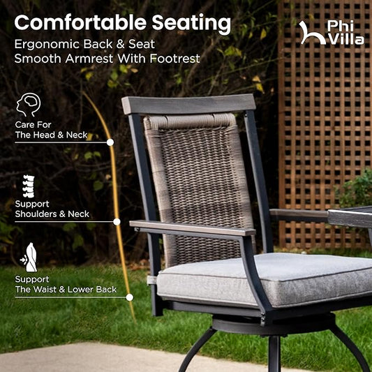 PHI VILLA 7 Piece Outdoor Bar Set, Counter Height Patio Bar Furniture with Rattan Wicker Swivel Bar Stools Cushioned Chairs Grey & Rectangle Bar Dining Table for Garden,Yard and Deck