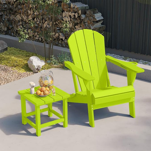 Folding Adirondack Chair with Cup Holders Set of 2, HDPE Plastic Outdoor Chairs, Weather Resistant, Real Wood Look for Patio, Deck, Fire Pit, Backyard, Apple Green