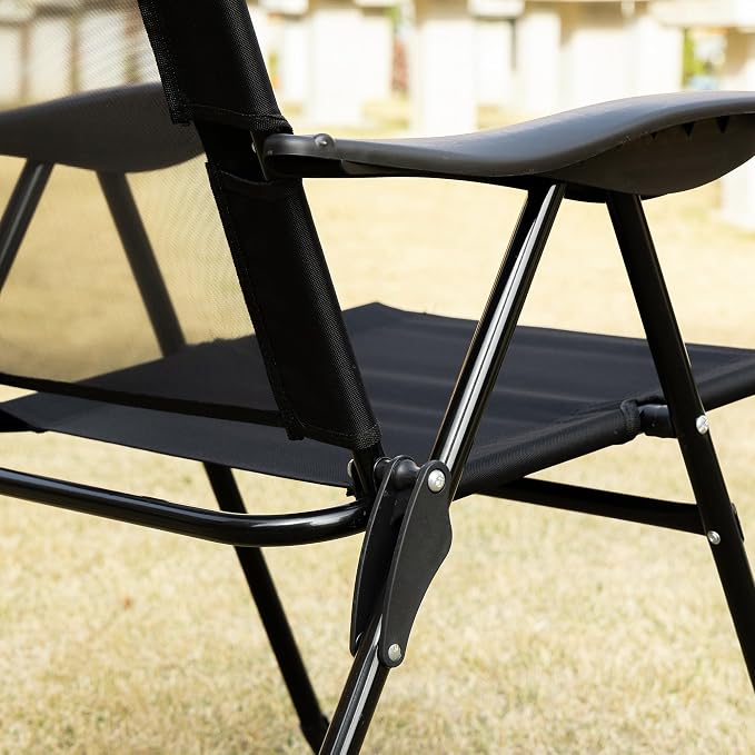 Outsunny Folding Patio Dining Chairs Set of 2, Outdoor Deck Chair with Adjustable Sling Back, Camping Chair with Removable Headrest for Garden, Backyard, Lawn, Black