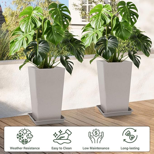 Neoaider Set of 2 Tall Planter, 21 inch Large Plastic Planter with Drain Hole & Saucers, Large Outdoor Planters for Porch, Garden, Patio, Balcony(Light Gray)