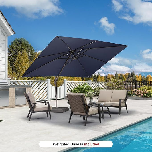 PURPLE LEAF 9' X 11.5' Rectangle Cantilever Umbrella with Base Patio Umbrella Outdoor Aluminum Offset Hanging Umbrella with 360-degree Rotation for Pool Garden Backyard Deck, Navy Blue