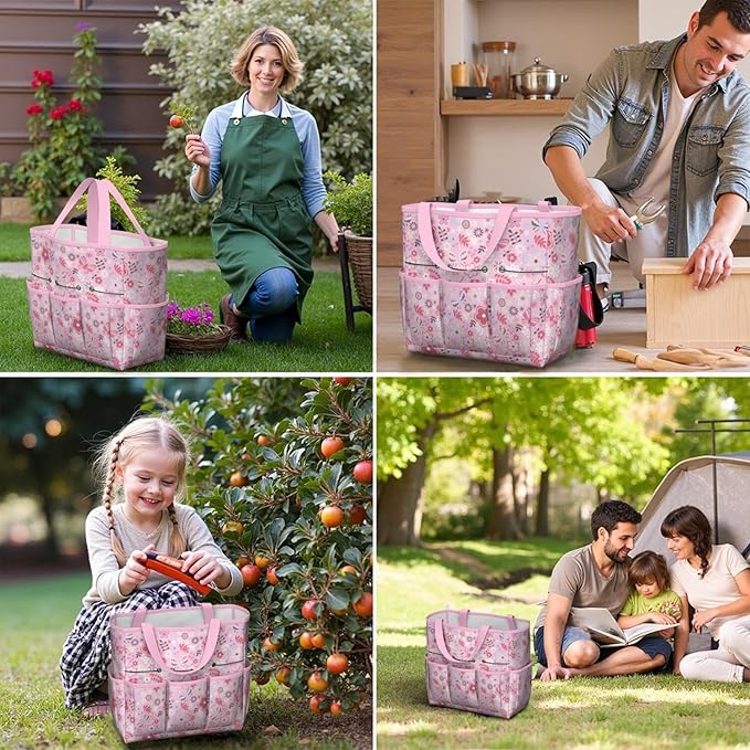 Floral Garden Tool Bag - Waterproof Garden Tote with 8 Pockets, Large Storage Home Organizer Gardening Tool Oxford Bag for Garden Tools Kits Holder, Ideal Outdoor Gardening Gift for Women & Men