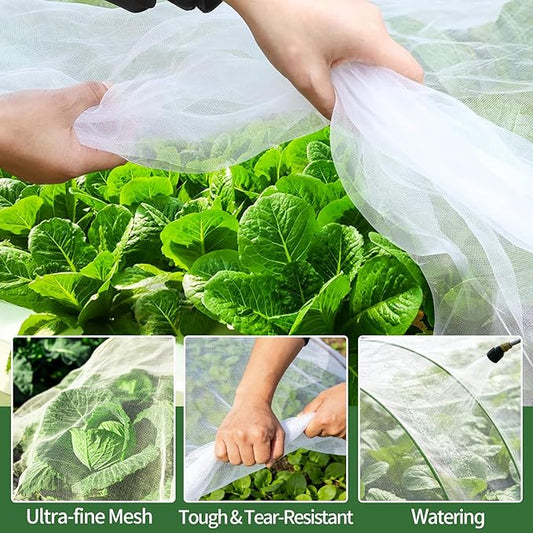 Garden Netting Kit for Raised Bed, 8X20FT Ultra Fine Mesh Netting with 6 Sets Garden Hoops & 18pcs Clips, Reusable Plant Row Cover Bird Netting for Garden Protection