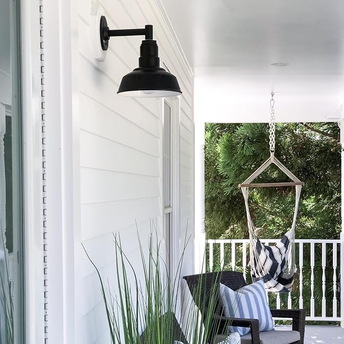 Steel Lighting Co. | Dusk to Dawn | Hawthorne Barn Light | Outdoor Wall Mounted | 8 in Dome | 6 in Straight Arm| Small Farmhouse Light Made in America | Matte Black Exterior/Brass Interior