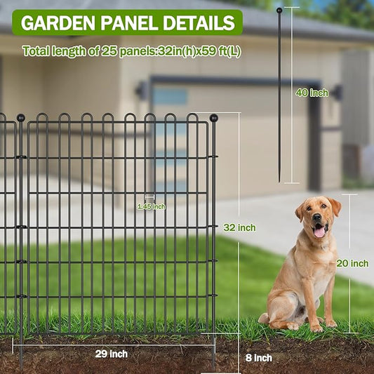 25 Panels No Dig Decorative Garden Fence with Gate for Yard, 32 in(H) X 59 ft(L) Animal Barrier Fencing for Outdoor Dog, Metal Portable Garden Fences for Borders, Pets, Landscape, Temporary Fence