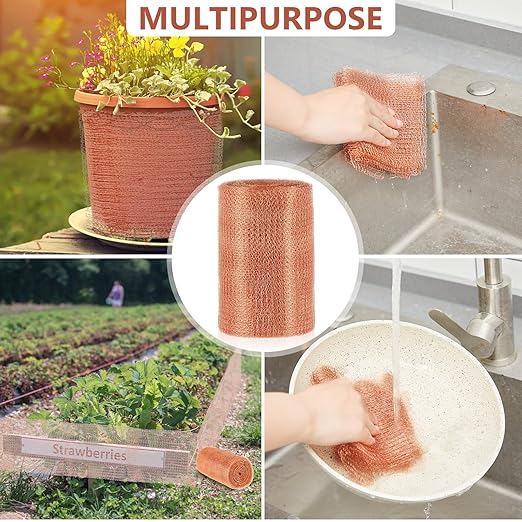 Gisafai 8" x 100 ft Copper Mesh Rodent Control Copper Wool for Slugs Rustproof DIY Hole Filler Pure Wire Mesh for Bat Snail Bird Pest Rodent Control Gap Blocker Fill Fabric Hole Gardening (2 Roll)