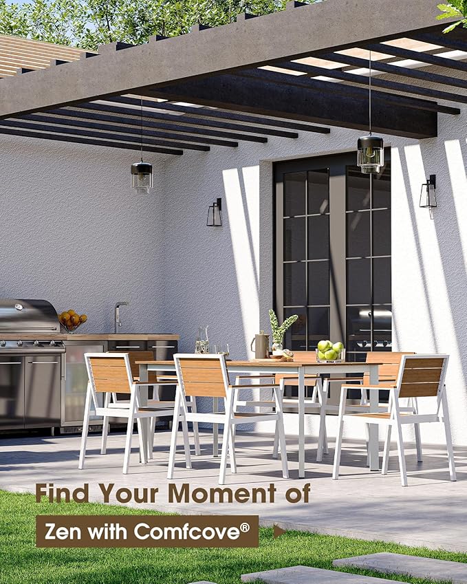 Outdoor Patio Dining Table, Aluminum & HDPE Outdoor Table with Umbrella Hole, All-Weather for Deck, Garden, Lawn, Backyard, Poolside and Indoor Use (White & Teak)