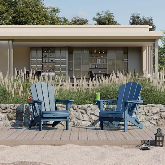 Ciokea Folding Adirondack Chair Wood Texture, Patio Adirondack Chair Weather Resistant, Plastic Fire Pit Chair with Cup Holder, Lawn Chair for Outdoor Porch Garden Backyard Deck (Royal Blue)