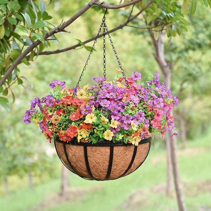 12 Inch Metal Hanging Planter Basket with Coconut Fiber Liner Hanging Plant Flower Pot for Home Garden Patio Decoration,Metal Flat Iron Pattern, 2 Pack