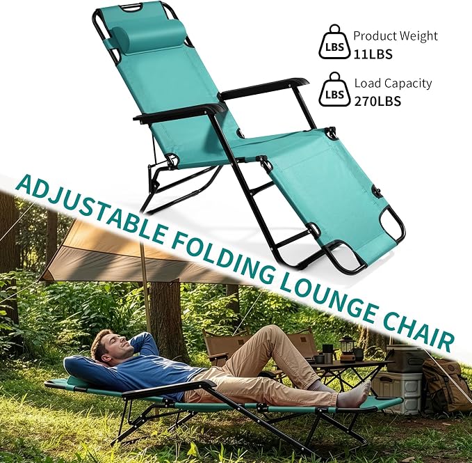 Outdoor Folding Chaise Lounge Chair, Patio Sun Lounger Reclining Beach Chair Sun Patio Pool Lawn Recliner Chair (Green)