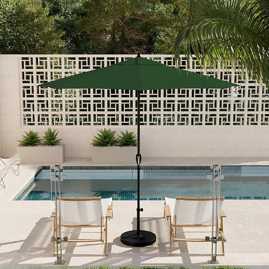 California Umbrella 9' Rd Aluminum Patio Umbrella, Crank Lift, Auto Tilt, Black Finish, 4yr Fade Warranty, Hunter Green