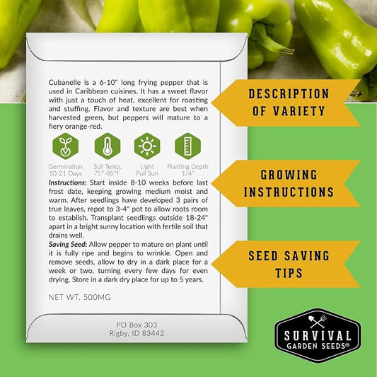 4 Variety Pack Pepper Seed Collection | Jalapeño, Serrano, Cubanelle & California Wonder | Heirloom Non-GMO Hot & Sweet Peppers | Survival Garden Seeds