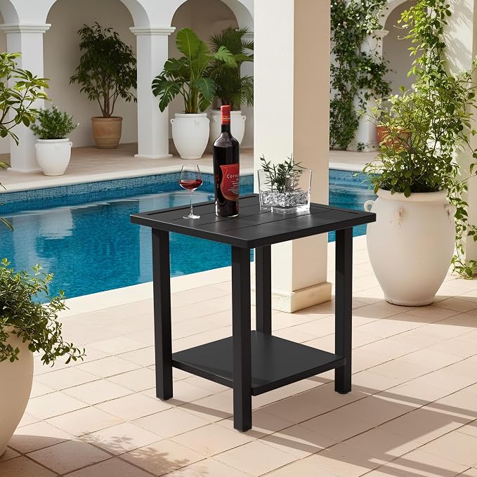Outdoor Large Square Side Table, Heavy-Duty Metal Patio End Table, Weather Resistant Poolside Table with Easy Assembly for Balcony, Deck, Backyard (Dark)