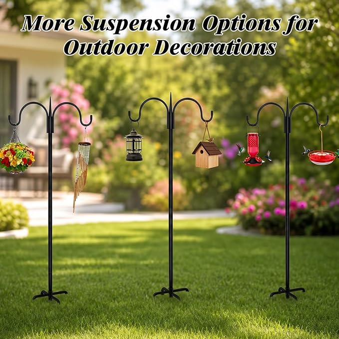 FEED GARDEN Heavy Duty Shepherds Hook 76" Double Hooks Adjustable (44/60/76") - Alloy Steel 5-Prong Base, 17lb Capacity - Easy Assembly Bird Feeder Pole for Hanging Planters, Lanterns, Wind Chimes