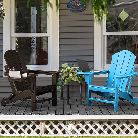 Adirondack Chair Set of 2, HDPE Folding Adirondack Chair with Multifunctional Cup Holder, Weather Resistant Fire Pit Chair for porches, patios, patios, poolsides, Decks.
