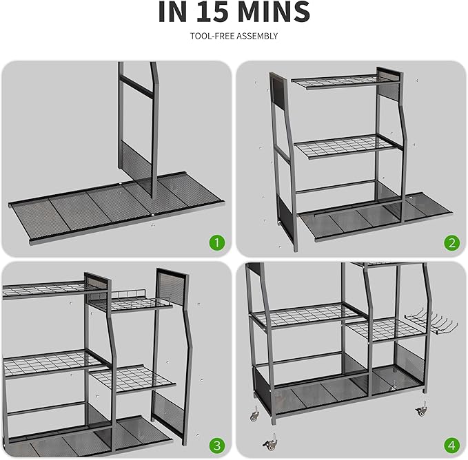 HOTEAGLE Garden Tool Organizer for Garage with 35.4” Width(High Stability), Outdoor Metal Utility Rolling Carts with Mute Wheels & 18.5mm Thick Rods, Easy to Clean, Black