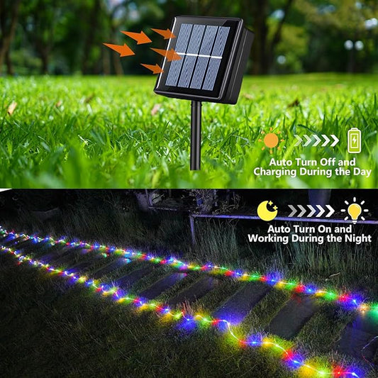 YEGUO Solar Christmas Lights Outdoor Waterproof, 2 Packs Each 33ft 100 LED Rope Lights, 8 Modes Fairy String Lights in Clear Thin Tube for Camping Fence Patio Garden Trampoline Deck(Multicolor)
