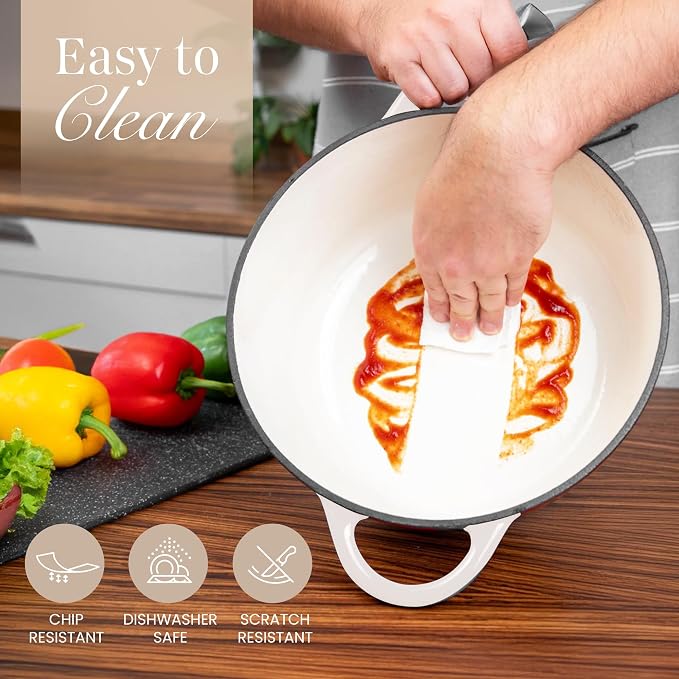 Nuovva Enamelled Cast Iron Dutch Oven Pot with Lid 6.4 Quart Non Stick Casserole Pot-Heavy Duty & Oven Safe up to 500° F for Bread Baking, Braising, Stews, Roasting - 28cm Oyster