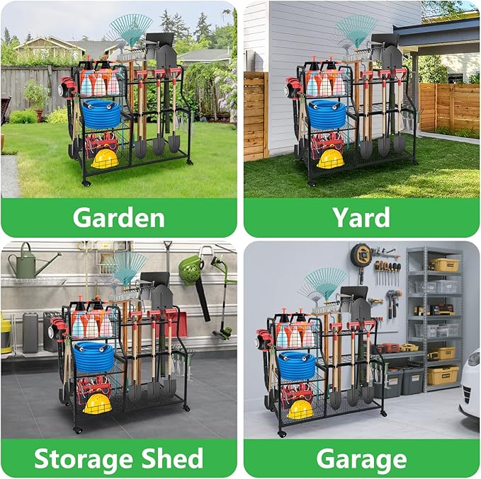 Garden Tool Organizer with 4 Wheels, Garden Tool Rack with 2 Storage Basket, 3 Tier Utility Garden Tool Storage with 12 Hooks for Garage/Yard/Shed/Garage/Basement/Lawn