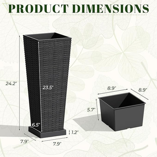 JUMMICO Set of 2 Resin Rattan Tall Planters for Outdoor Plants, Large Tapered Planters with Drainage Holes, Inner Trays and Outer Saucers, Flower Pots for Garden, Patio, Porch, Backyard (Black, 24")