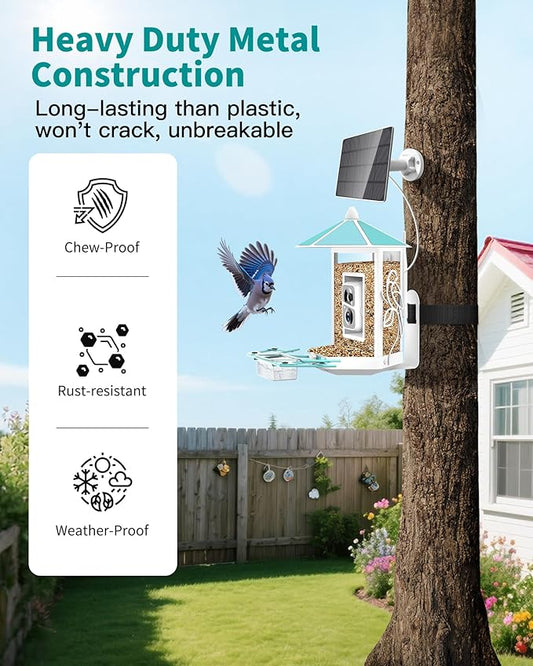 Bird Feeder with Camera - Heavy Duty Metal Smart Camera Bird Feeder Solar Powered, 2K HD Live Stream for Backyard Weatherproof, AI Identification, 2.4Lb Large Capacity, 5MP Photos