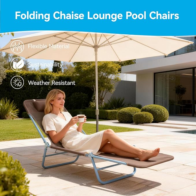 Outdoor Chaise Lounge with Detachable Pillow, Reclining Folding Chair with 5-Position Adjustable Back, Portable Tanning Chair for Beach, Pool, Lawn, Breathable Mesh Seat, No Assembly