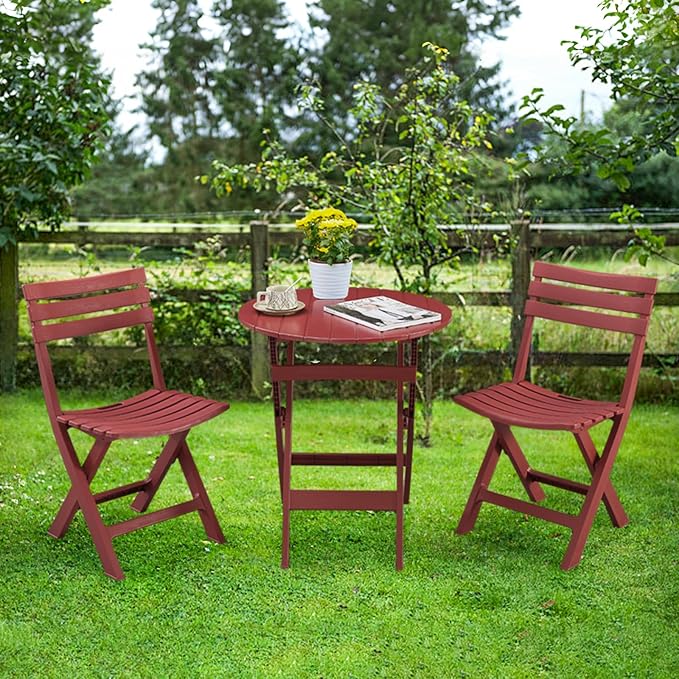 Patio Bistro Set, 3 Piece Plastic Folding Bistro Set, Portable Outdoor Patio Table and Chairs Set, Foldable Patio Furniture Set for Balcony, Porch, Backyard, Garden,Poolside (Red)