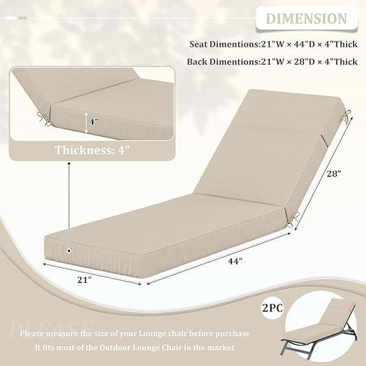 2 Pcs Chaise Lounge Cushions Outdoor, 72" L X 21" W X 4" D Lounge Chair Cushions for Outdoor Furniture, High-Density Foam Patio Chaise Cushion-Waterproof Fade-Resistant ThickPatio lounge chair cushion