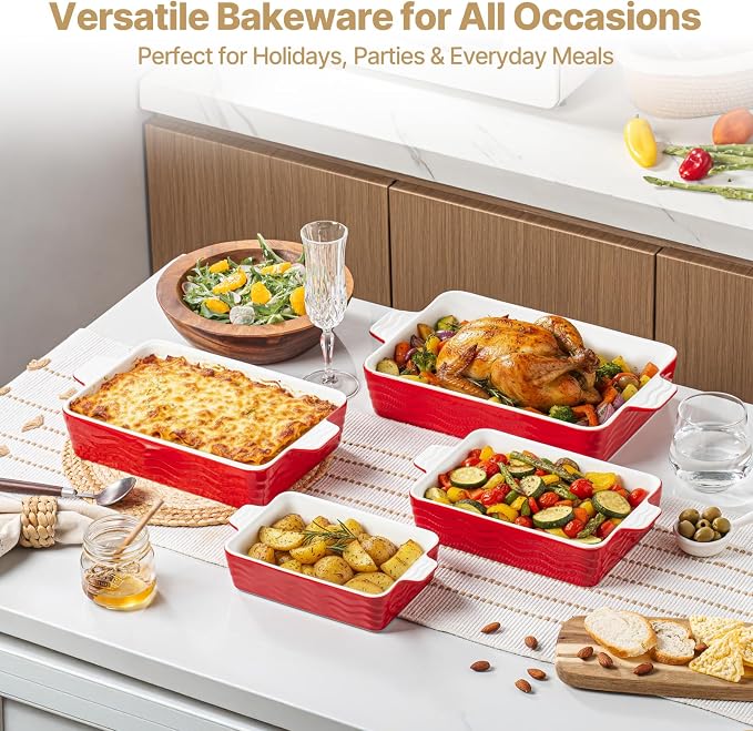 Estmoon Ceramic Baking Dishes Set of 4, Porcelain Baking Pans Set for Oven, Oven Safe and Durable Bakeware Sets Rectangular Ceramic Cookware Set with Handles for Wedding Gift,Red(7.5''/9"/10.6"/12")
