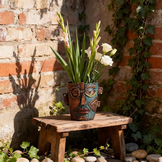 Abstract Face Planter Pot, Hand-Painted Resin Flower Pot with Top Opening for Planting, Decorative Planter for Indoor Plants, Art Accent Flowerpot Decor