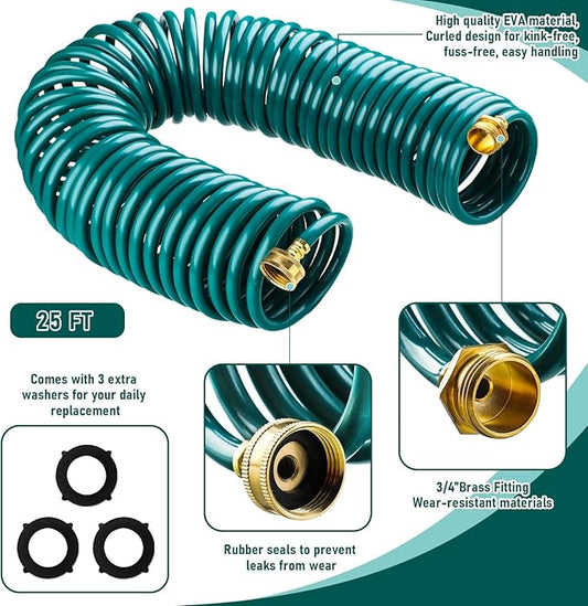 Pangda 25 Ft x 3/8'' Coil Garden Hose EVA Recoil Garden Self Coiling Expanding Water Hose with 6 Function Spray Nozzle Universal 3/4'' Brass Connector Fitting for Outdoor Yard(Green)