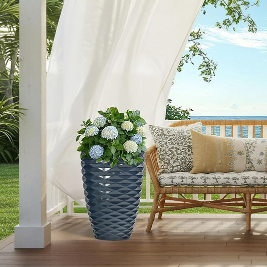 19" Resin Tall Outdoor Planters,Set of 2 Marine Round Large Flower Pot for Plants,Handmade Glossy Finish and Wave Texture,Weather-Resistant for Porch Christmas Decor,Garden, Patio or Indoor Use